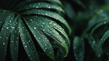 Close-up of wet tropical leaves glistening with water droplets in a lush rainforest environment after recent rainfall