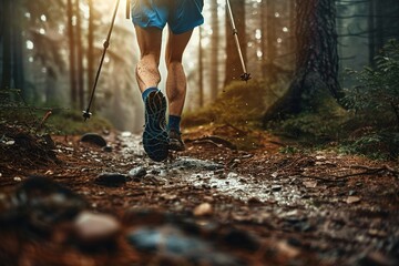 Trail runner using poles treks through a damp forest trail conquering nature's path