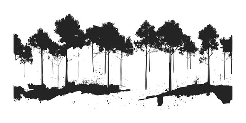 Black and White Forest Landscape with Ink Splatter Effect Vector Illustration