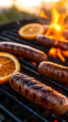 Sunset Barbecue: Grilled Sausages and Orange Slices on a Grill