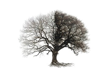 Tree with two distinct halves showing different stages of dormancy on white backdrop