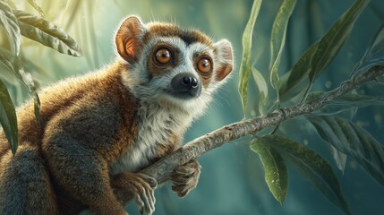 Lemur relaxes on a tropical tree branch in a lush forest during daylight hours, showcasing its curious expression