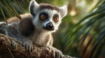 Lemur resting on a tropical tree, surrounded by vibrant foliage in a serene natural habitat