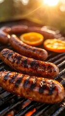 Sunset Barbecue: Grilled Sausages and Orange Slices on a Grill