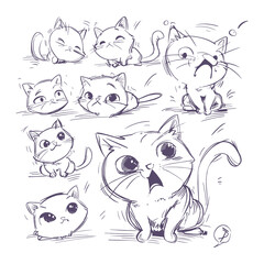 Funny Cartoon Cats with Big Eyes in Various Cute and Expressive Sketch Poses