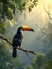 Tropical rainforest habitat featuring a toucan perched on a branch during golden hour