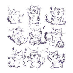 Set of Cute Hand Drawn Cartoon Cats in Various Funny Poses and Expressions