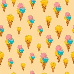 summer seamless pattern with ice cream in waffle cones