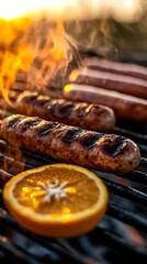 Sunset Barbecue: Grilled Sausages and Orange Slices on a Grill
