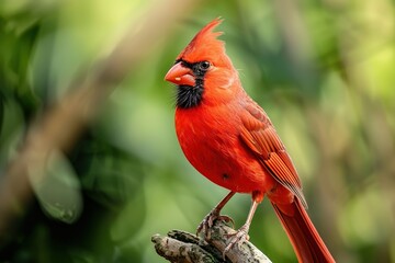 Vibrant red cardinal perched on a branch in a lush green blurred background