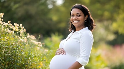 Smiling pregnant woman enjoying the beauty of nature in a green park on a happy summer day, radiating the joy of motherhood