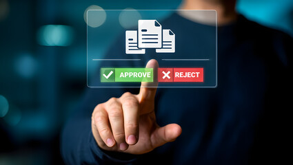Hand Approving or Rejecting Digital Documents;  Modern Technology Interface; Business Decision Concept.