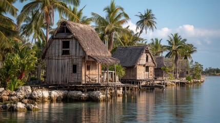 Wooden stilt houses in a tranquil village surrounded by palm trees on a calm day by the water