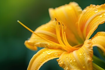 Vibrant yellow flower in bloom adorned with delicate water droplets in natural light