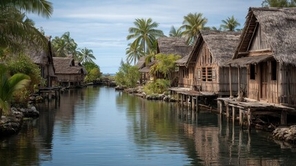 Wooden stilt houses line tranquil waterways in a picturesque village surrounded by palm trees
