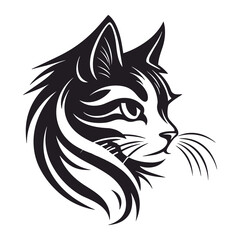 Stylized Tribal Cat Head Illustration in Black and White Vector Design
