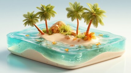 Tropical island paradise featuring palm trees surrounded by clear turquoise waters and sandy beach