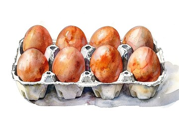 Watercolor egg carton art featuring eight fresh speckled brown eggs ready for cooking