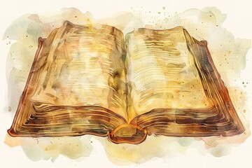 Watercolor painting of an open book with aged and textured pages and earthy tones
