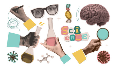 Set with halftone collage stickers with Science lab conception, retro paper cutouts. Collection with hands holding flask, loupe, writing report, making research, studying in laboratory. Vector