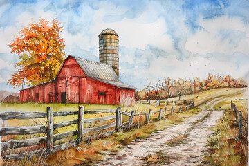 Watercolor painting of a red barn and silo in autumn landscape with dirt road