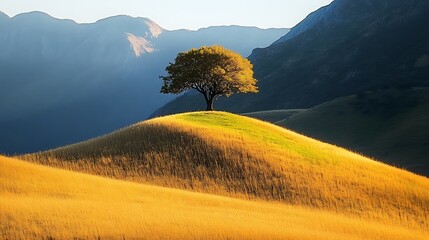 Single Tree on a Golden Hillside Against Mountain Background.