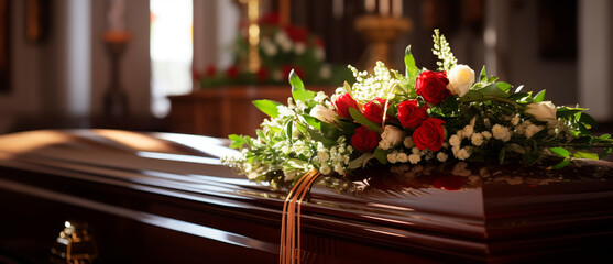 Funeral ceremony graphic, coffin, flowers.
