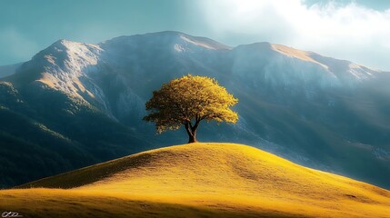 Single Tree on a Golden Hillside Against Mountain Background.