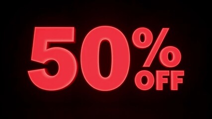 Red illuminated fifty percent off discount sale banner on a black background display design - Powered by Adobe
