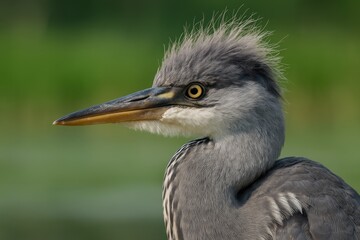 Close-up portrait of a grey heron fledgling featuring soft grey plumage and distinct yellow eye against a blurred green background