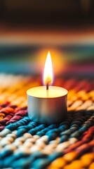 Single Lit Candle on a Colorful Woven Mat