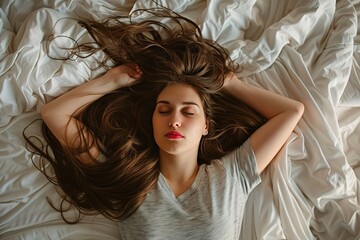Woman sleeping peacefully in white bed