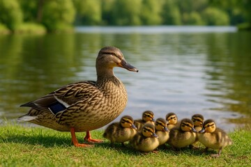 Fototapeta premium Mother mallard duck standing on the grass beside her group of ducklings near a tranquil lake surrounded by lush greenery and reflected sunlight on the water surface