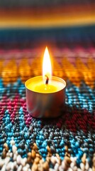 Single Lit Candle on a Colorful Woven Mat