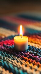 Single Lit Candle on a Colorful Woven Mat