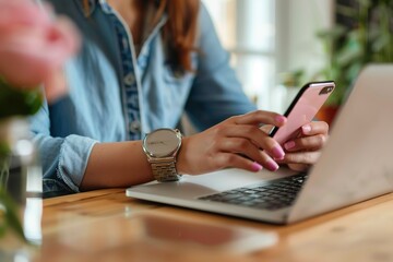 Woman working on laptop and checking smartphone at table with flowers in background