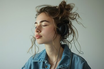 Woman with headphones eyes closed in a denim jacket feeling the music