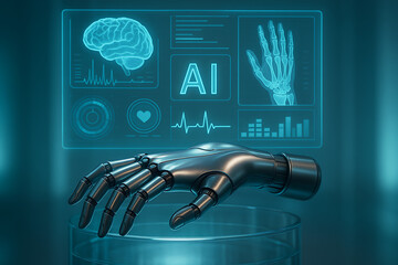 Futuristic robotic prosthetic hand with ai medical interface displaying neural brain scans biometric data and pulse analytics in a high tech biomedical research and healthcare setting