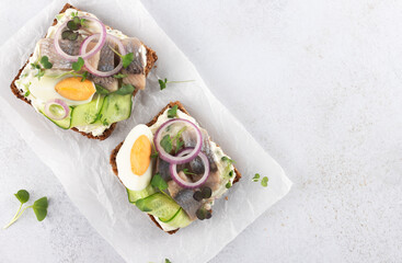 Traditional Danish smorrebrod with herring, egg, cucumber, onion and herbs on rye bread on white background. Copy space.