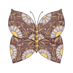 Butterfly with patterns and flowers. 
Vintage floral illustration with flowers. Print for notebooks, clothes, logo, art, garden 