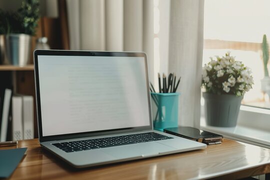 Workstation setup: Laptop on desk with plants pens and phone near a bright window