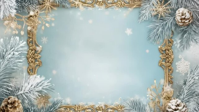 Elegant Gold Frame with Snowy Winter Branches - A light blue background is framed by ornate gold details and snow-dusted pine branches, accented with pine cones and delicate floral elements.