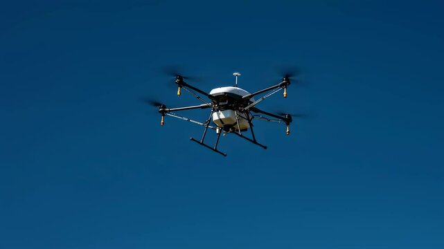 White professional hexacopter drone flying with propellers spinning against a clear blue sky, technology footage.