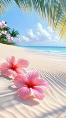 Pink Hibiscus and Plumeria Blossoms on Sandy Beach.