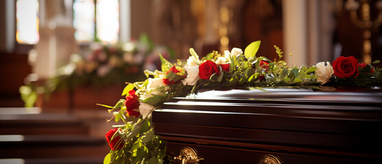Funeral ceremony graphic, coffin, flowers.
