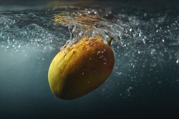 Mango entering water in slow motion, cinematic clarity, dramatic lighting