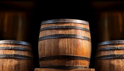 Fototapeta premium rustic wooden barrels stacked together with detailed wood grain and a weathered finish arranged on wooden supports
