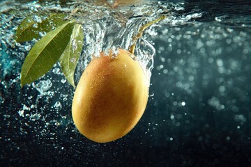Mango entering water in slow motion, cinematic clarity, dramatic lighting