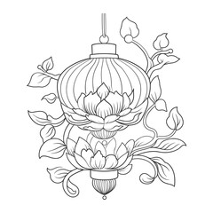Elegant Lotus Lantern Line Art – Traditional Decorative Hanging Light Illustration