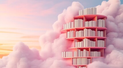 Pink Bookshelves Forming Spiral Towers in Pastel Sunset Clouds